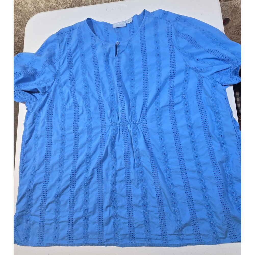 Liz&Me Womens Blue Eyelet Short Sleeve Top Size Tag is Missing - Measures At 4X